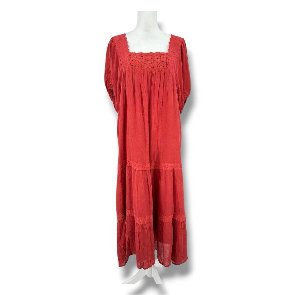 In Loom Coral Red Tiered Gauze Midi Dress M Boho Cottagecore Fairy Prairie